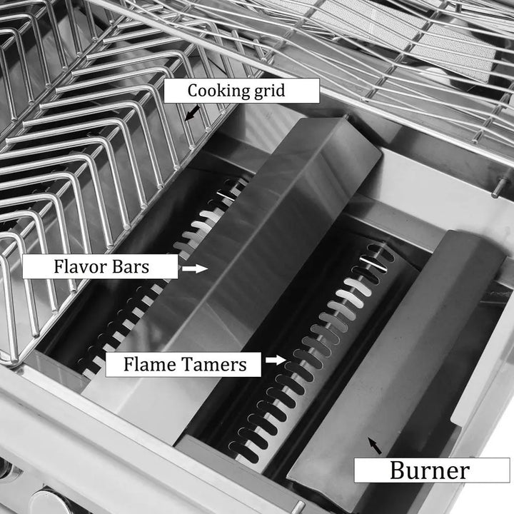 Cal Flame P-Series 40" Built-In Gas Grill features five 15,000 BTU cast stainless steel burners with two 10,000 BTU infrared burners and a spacious 1,000 sq. in. cooking surface.