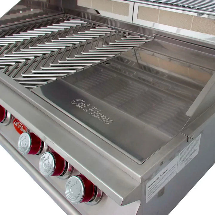 Cal Flame P-Series 40-inch 5-Burner Built-In Propane Gas Grill with infrared backburner features five cast stainless steel burners, two ceramic core infrared burners, and a spacious 1,000 sq. in. cooking surface for optimal grilling performance.