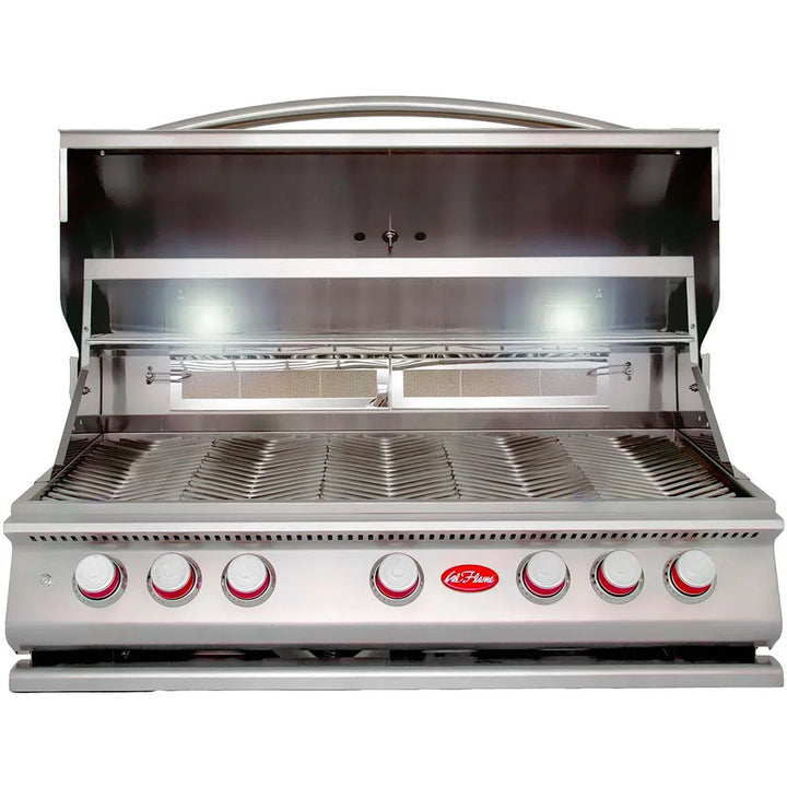 Cal Flame P-Series 40" 5-Burner Built-In Propane Gas Grill with Infrared Backburner features five independent 15,000 BTU cast stainless steel burners and two ceramic core infrared burners for exceptional cooking power and versatility across a spacious 1,000 square inch cooking surface.