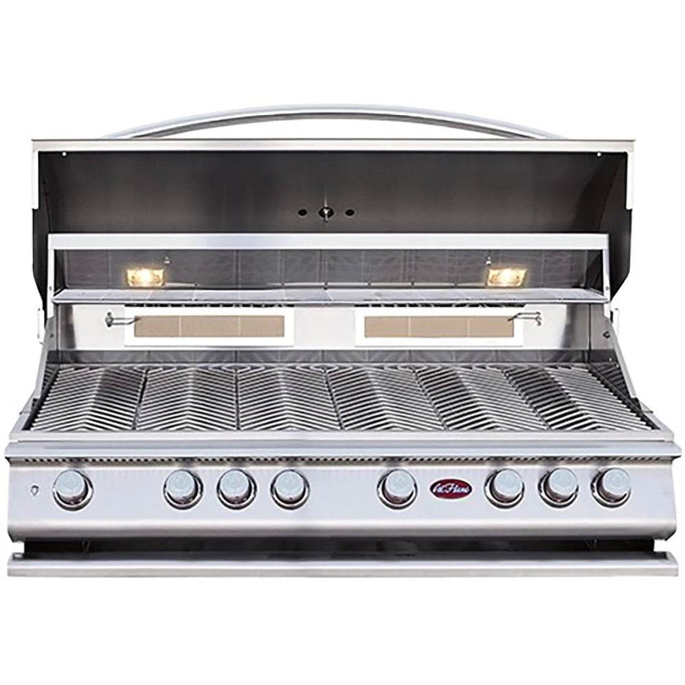 Cal Flame P-Series 48" 6-Burner Built-In Propane Gas Grill with Infrared Backburner, featuring six commercial-grade stainless steel burners and two infrared burners delivering 110,000 BTUs for high-heat searing and roasting.