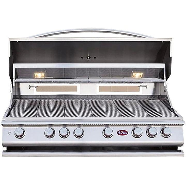 Cal Flame P-Series 48" 6-Burner Built-In Propane Gas Grill with Infrared Backburner, featuring six commercial-grade stainless steel burners and two infrared burners delivering 110,000 BTUs for high-heat searing and roasting.