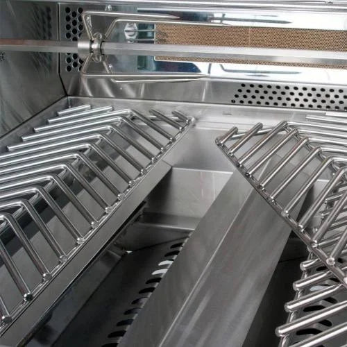 Cal Flame "Top Gun" 40" Built-In Propane Gas Grill features five 15,000 BTU cast stainless steel burners, two 10,000 BTU infrared burners, and an exclusive convection system for even heat circulation, with a total output of 95,000 BTUs.