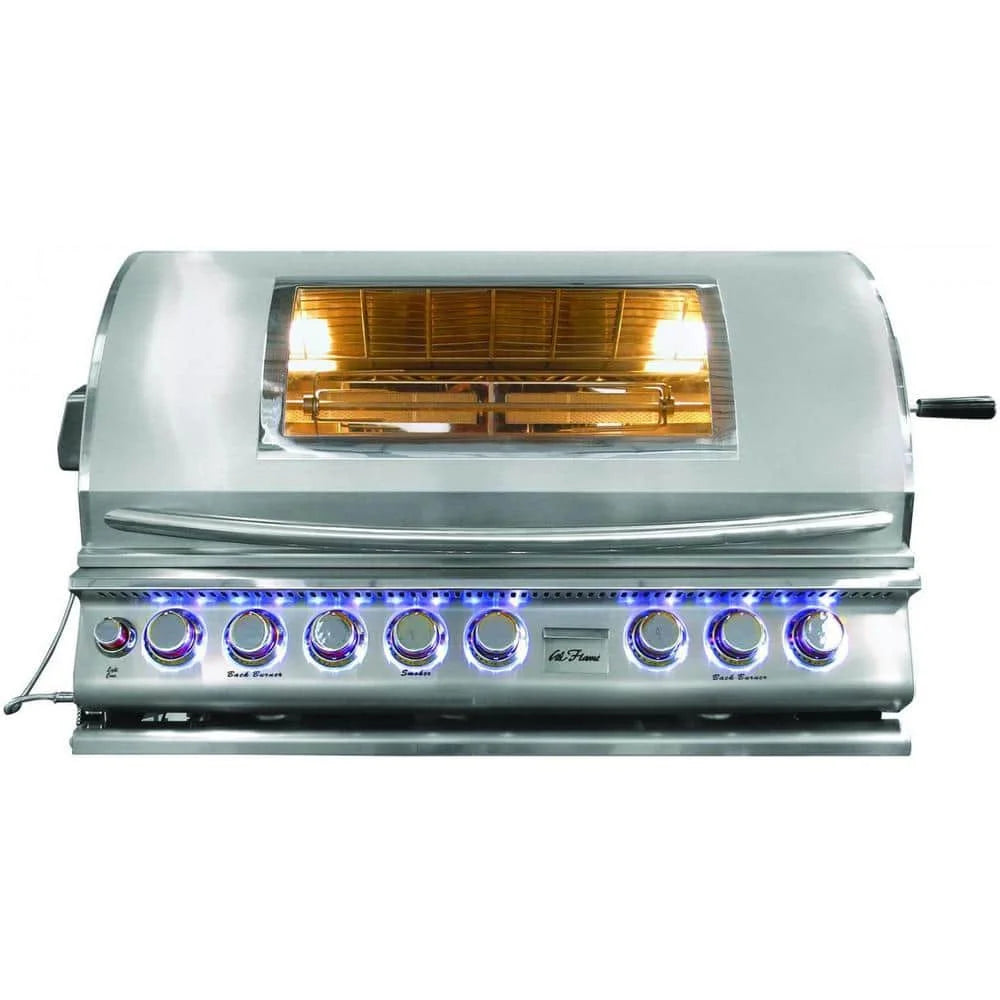 Cal Flame "Top Gun" 40" Built-In Gas Grill with Infrared Backburner features 5 stainless steel burners, ceramic infrared heat, convection system, and LED-lit knobs for enhanced grilling experience.
