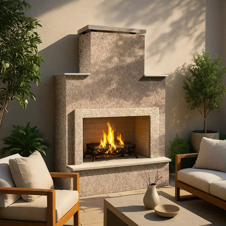 Cal Flame Cancun Outdoor Gas Fireplace w/ Front Mantel, featuring clean contemporary design, extended bottom mantel, and robust 22" Double Burner producing up to 90,000 BTUs.
