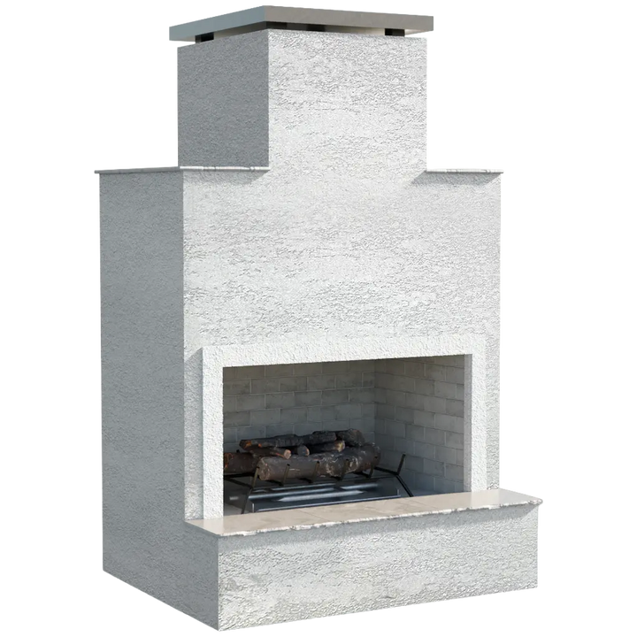 Cal Flame "Cancun" Outdoor Gas Fireplace w/ Front Mantel features sleek contemporary design, extended bottom mantel, and vibrant flame display powered by 22" Double Burner producing up to 90,000 BTUs of warmth.