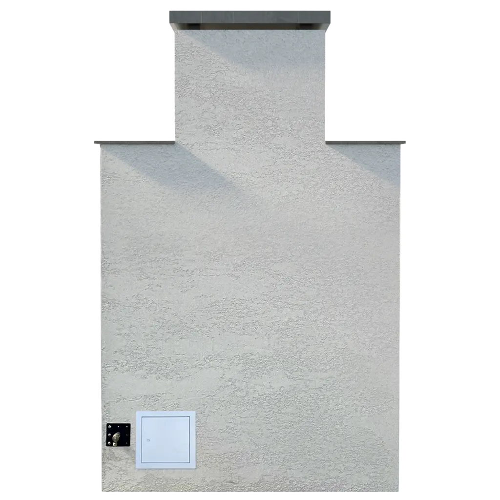 Cal Flame Cancun Outdoor Gas Fireplace with extended bottom mantel in Stucco finish, featuring vibrant flames and 22-inch Double Burner producing up to 90,000 BTUs of warmth.