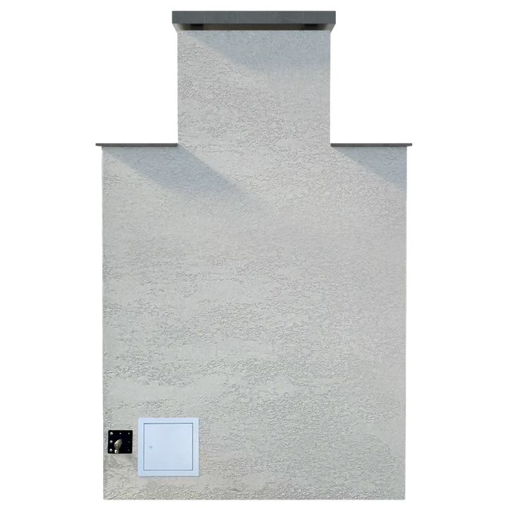 Cal Flame Cancun Outdoor Gas Fireplace with extended bottom mantel in Stucco finish, featuring vibrant flames and 22-inch Double Burner producing up to 90,000 BTUs of warmth.