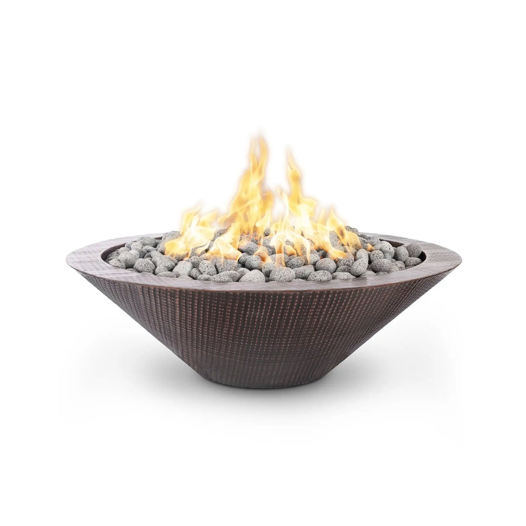 Cazo Copper Fire Bowl, hand-hammered copper exterior with reflective finish, perfect for upscale outdoor spaces, featuring 65,000 BTU output and match lit or electronic ignition options.