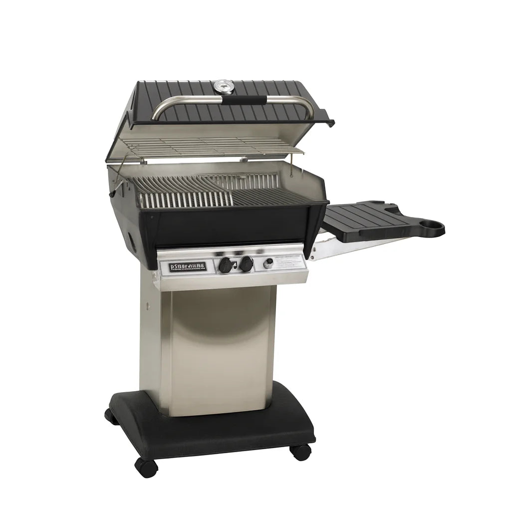 Broilmaster Premium Series Package With Portable Cart featuring heavy-duty cast aluminum grill head, stainless steel cart, and 695 sq. in. total cooking area for versatile outdoor grilling.