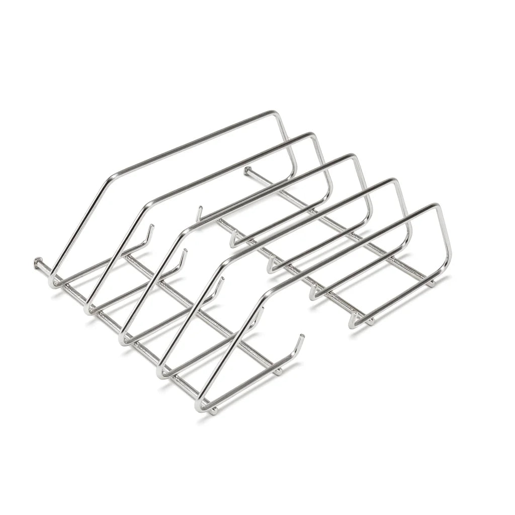 Green Mountain Grills RACKT Rib Rack - A heavy-duty stainless steel rib rack that holds up to four full racks upright for even heat and smoke circulation, compatible with LEDGE & PEAK Prime 2.0 grills.