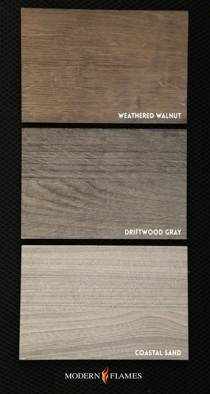 Allwood Media Wall Fireplace System for Spectrum Slimline 60" Electric Fireplace - A pre-finished, wall-mounted fireplace system featuring Weathered Walnut, Coastal Sand, or Driftwood Gray finishes, with built-in electrical access and space for the Modern Flames SPS-60B electric fireplace.