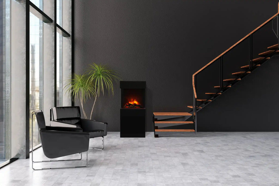 Amantii Cube 2025WM Freestand Electric Fireplace: A stylish, three-sided electric fireplace with vibrant, multi-colored flame presentation, adjustable canopy lighting, and WiFi connectivity for remote control via smartphone app.