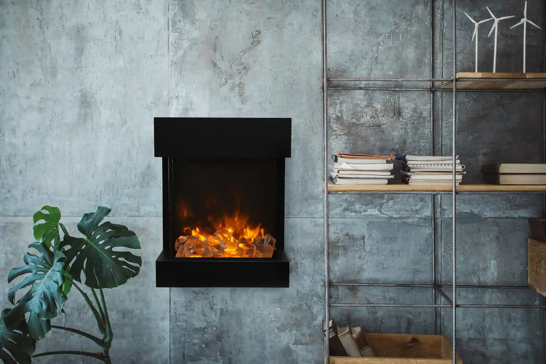 Amantii Cube 2025WM Freestand Electric Fireplace: High-definition flame presentation with three color options, featuring vibrant orange, yellow, or red flames, set amidst ambient canopy lighting and included decorative media.