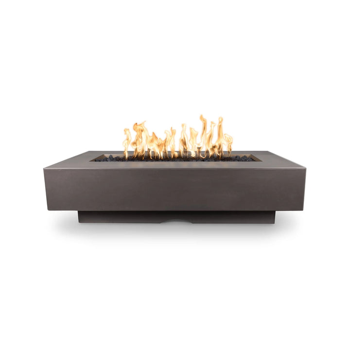 The Outdoor Plus "Del Mar" Fire Pit, a California-inspired, handcrafted concrete rectangle fire feature with rectangular structure and various color options, including Ash, Black, Bronze, and more.