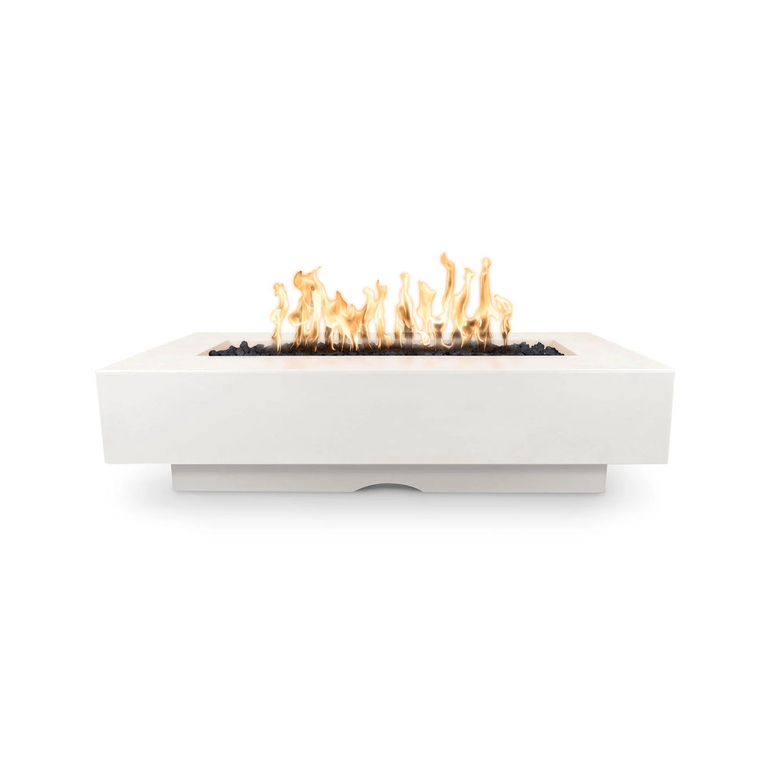 Del Mar Concrete Rectangle Fire Pit, Handcrafted in U.S.A., durable and long-lasting, rectangular structure with various color options, includes match lit kit or electronic ignition system, fire pan, burner, and lava rock.