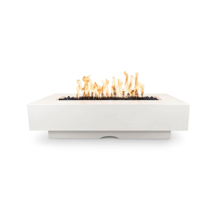 Del Mar Concrete Rectangle Fire Pit, Handcrafted in U.S.A., durable and long-lasting, rectangular structure with various color options, includes match lit kit or electronic ignition system, fire pan, burner, and lava rock.