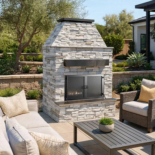Cal Flame "Durango" Outdoor Gas Fireplace w/ Front Mantel: A commanding outdoor fireplace featuring strong architectural lines, textured exterior, and an extended bottom mantle, perfect for creating warm inviting backyards with 90,000 BTUs of heat and a beautifully structured profile designed to blend seamlessly into rustic or modern settings.