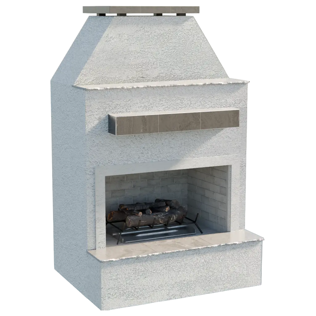 Cal Flame Durango Outdoor Gas Fireplace w/ Front Mantel: A commanding focal point featuring strong architectural lines, textured exterior, and extended bottom mantle, showcasing a captivating flame display in a spacious 48" wide x 41" deep footprint.
