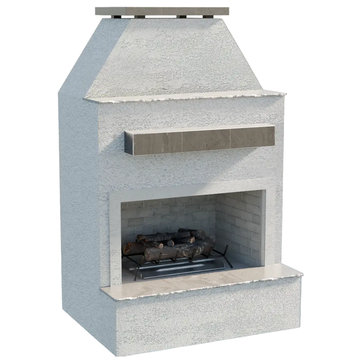 Cal Flame Durango Outdoor Gas Fireplace w/ Front Mantel: A commanding focal point featuring strong architectural lines, textured exterior, and extended bottom mantle, showcasing a captivating flame display in a spacious 48" wide x 41" deep footprint.
