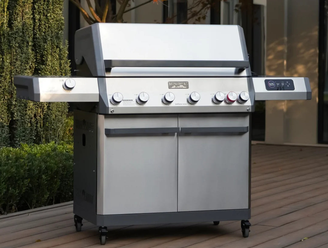 Monument Grills Eminence Series E605 Gas Grill - Premium Stainless Steel Freestanding BBQ with Infrared Rear and Side Burners, 640 sq in Cooking Surface, 89,000 BTUs Total Output, Elegant Modern Design.