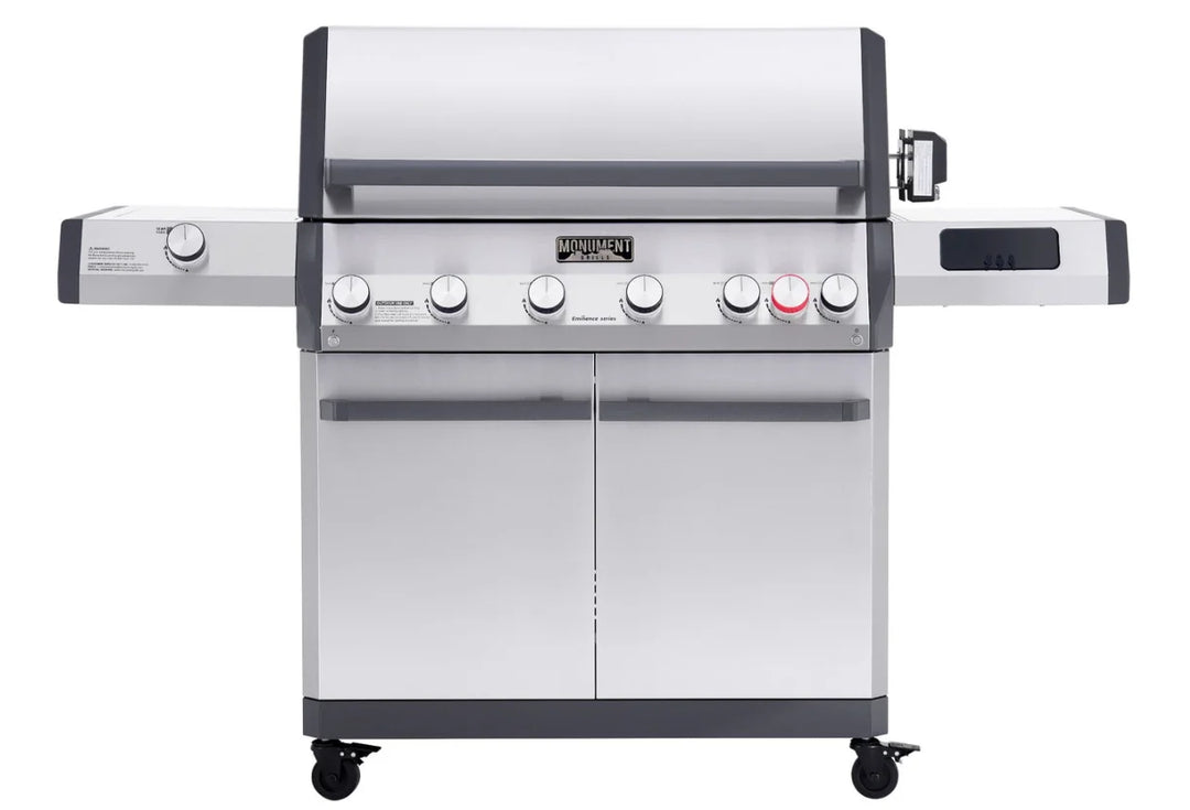 Monument Grills Eminence Series E605 Gas Grill: A premium freestanding stainless steel BBQ featuring high-performance infrared rear and side sear station, full Blaze Zone cooking system, and 640+ sq. in. of cooking surface with 89,000 BTUs of total output for professional-grade heat control and versatility.