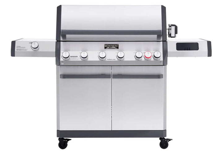 Monument Grills Eminence Series E605 Gas Grill: A premium freestanding stainless steel BBQ featuring high-performance infrared rear and side sear station, full Blaze Zone cooking system, and 640+ sq. in. of cooking surface with 89,000 BTUs of total output for professional-grade heat control and versatility.