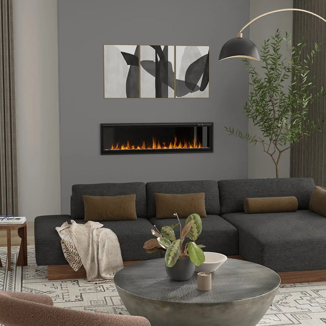 Dimplex Vital Essence 50"-100" Linear Electric Fireplace features a sleek glass ember bed with hyper-realistic flames in 13 colors, 3 speeds, and 3 brightness settings.