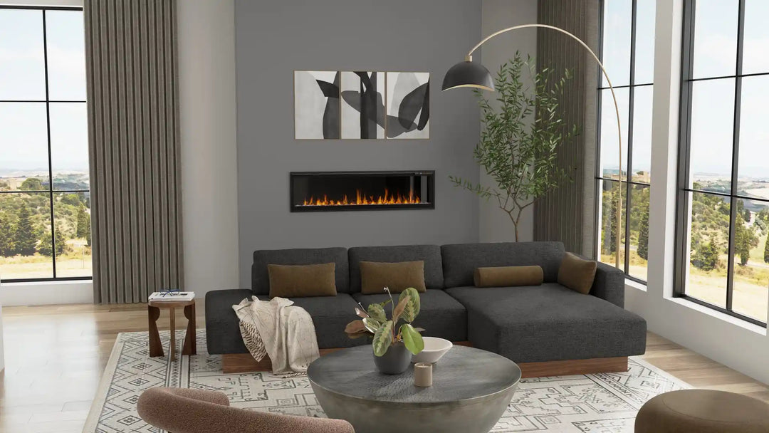 Dimplex Vital Essence 50"-100" Linear Electric Fireplace features a sleek glass ember bed with 13 vibrant flame colors and customizable settings for year-round ambiance and efficient heating up to 1,000 sq. ft.