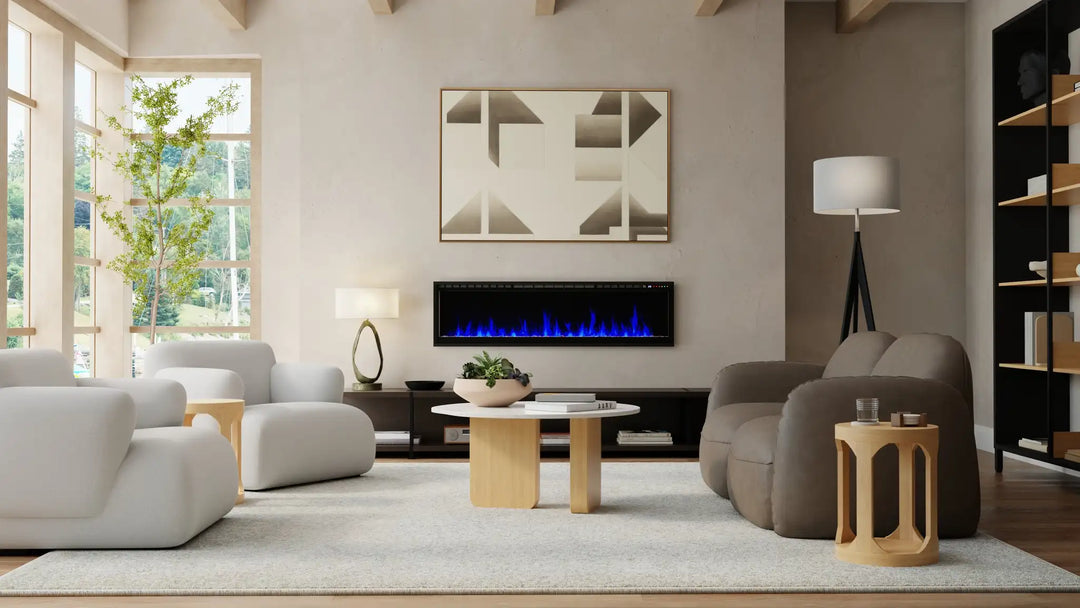 Dimplex Vital Essence 50"-100" Linear Electric Fireplace, sleek modern design with hyper-realistic flame effects and customizable ambiance in 13 colors, three speeds, and three brightness settings.