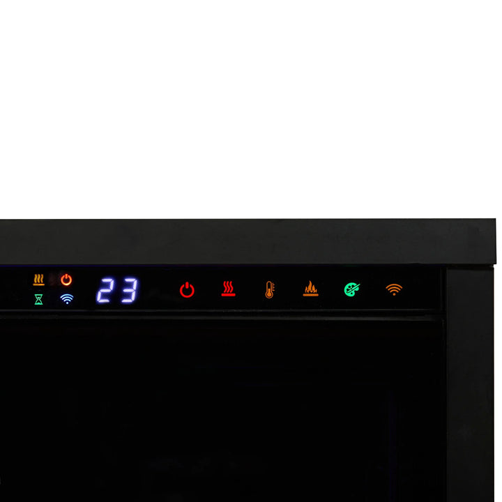 Dimplex Vital Essence 50"-100" Linear Electric Fireplace featuring a sleek glass ember bed with hyper-realistic flames in 13 colors, three speeds, and brightness settings.