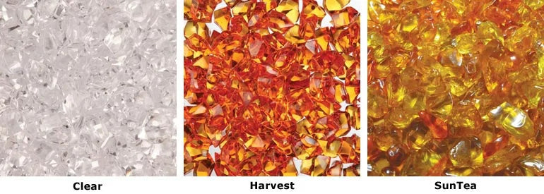 Decorative Ember Glass Media - Clear, Suntea, Harvest Moon Colors for Modern Electric Fireplace Design, 5lb container covers 1 sq ft.