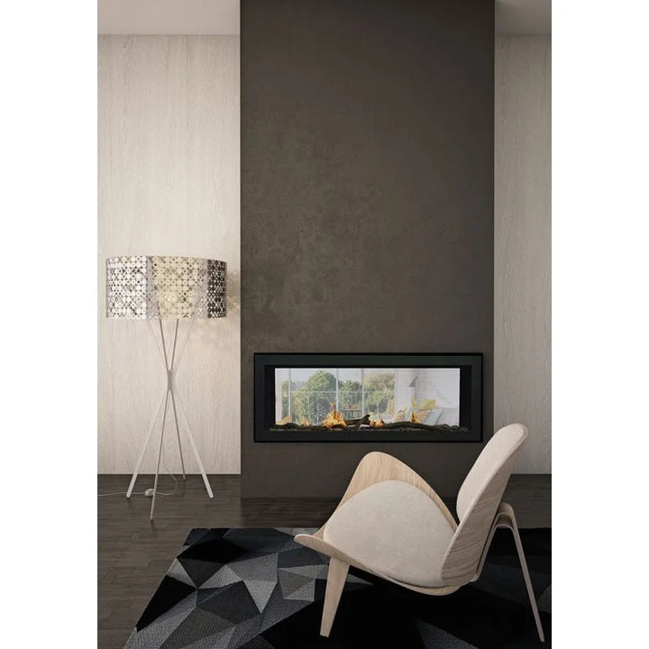 Sierra Flame Emerson 48" Deluxe Slim See-through Linear Fireplace: A sleek 48-inch wide direct vent gas fireplace with a robust flame, 26,000 BTUs heat output, and comes standard in the Deluxe version featuring black fire glass media and deluxe remote control.