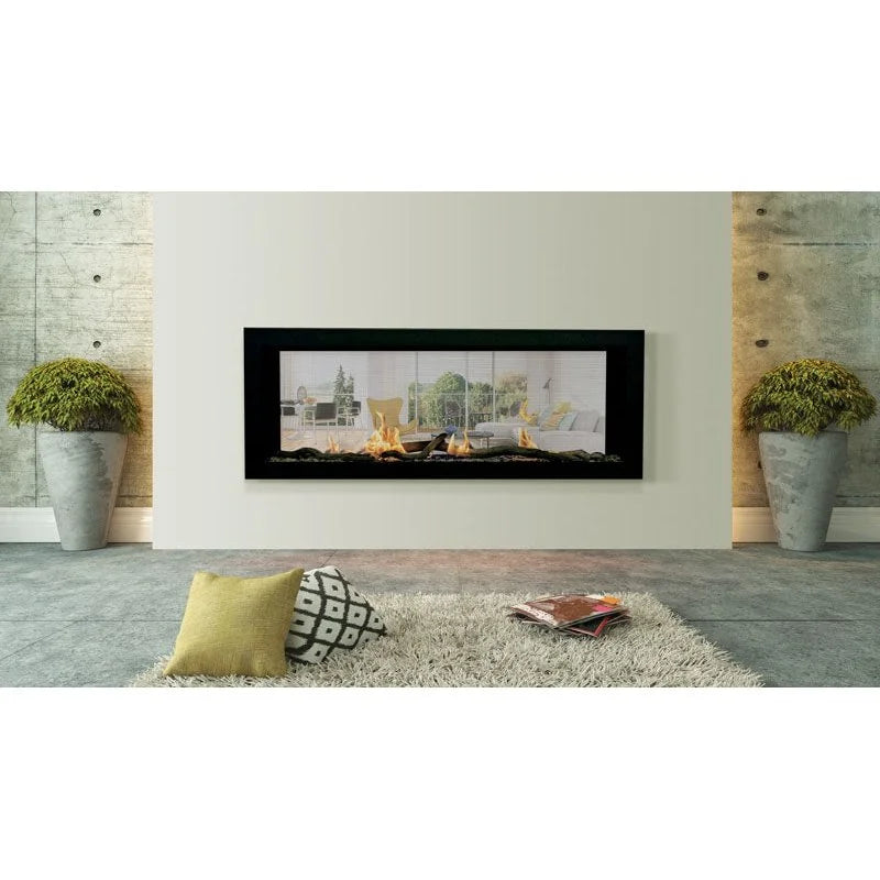 Sierra Flame Emerson 48 Deluxe Slim See-through Linear Fireplace, a sleek 48-inch wide gas fireplace with 9-inch depth, featuring robust flame, black fire glass media, and deluxe remote control, ideal for modern spaces.