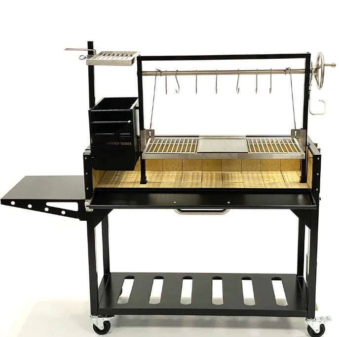Tagwood Chief Series Freestanding Santa Maria Style Grill features a bold all-black finish with cold-rolled steel body, 304 stainless steel grates, griddle, and meat hooks for live-fire cooking in authentic Argentine style.