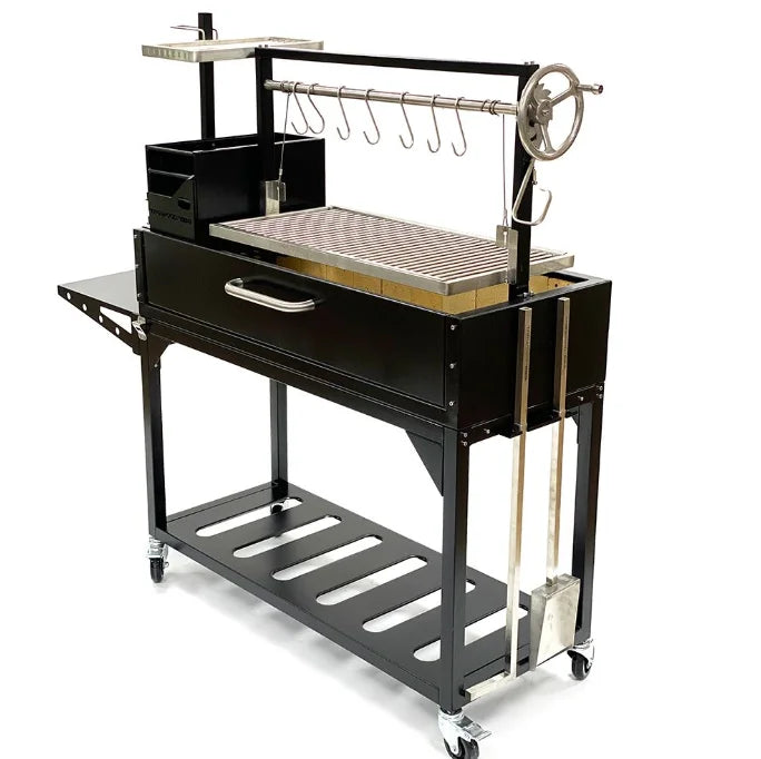 Tagwood Chief Series Freestanding Santa Maria Style Grill – Cold-Roll Steel & Stainless Steel, featuring a bold all-black finish with 1/8” cold-rolled steel body and premium 304 stainless steel food-contact surfaces for four cooking zones: main grate, secondary grate, griddle, and meat hooks.