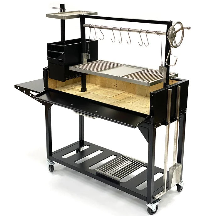 Tagwood "Chief Series" Freestanding Santa Maria Style Grill in all-black cold-rolled steel with stainless steel food-contact surfaces, featuring four cooking zones and firebox brasero for live-fire Argentine-style cooking.