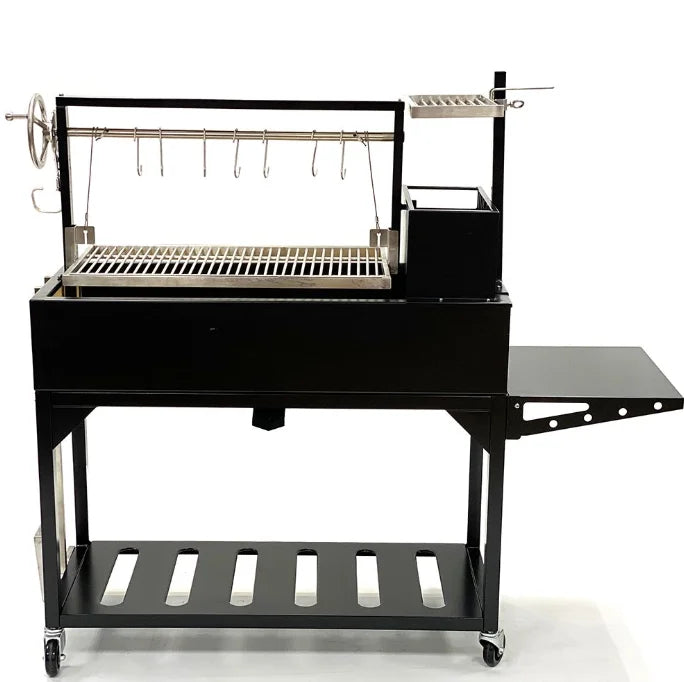 Tagwood "Chief Series" Freestanding Santa Maria Style Grill – Cold-Roll Steel & Stainless Steel: A heavy-duty outdoor grill with all-black finish, combining 1/8” cold-rolled steel and 304 stainless steel for durability and even heat distribution across four cooking zones: main grate, secondary grate, griddle, and meat hooks.