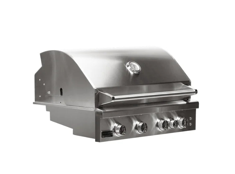 Broilmaster B-Series 32" Fully Loaded Stainless Steel Built-In Gas Grill: Premium 304 stainless steel construction, 690 sq. in. cooking space, four high-performance burners, and rear infrared rotisserie burner for exceptional grilling performance.