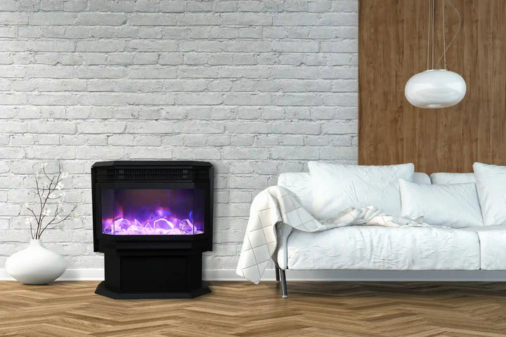 Amantii Freestand FS-26-922 Electric Fireplace: Distinctive European-styled free-standing fireplace with beveled glass viewing area, vibrant multi-colored flames and ambient canopy lighting in 13 colors.