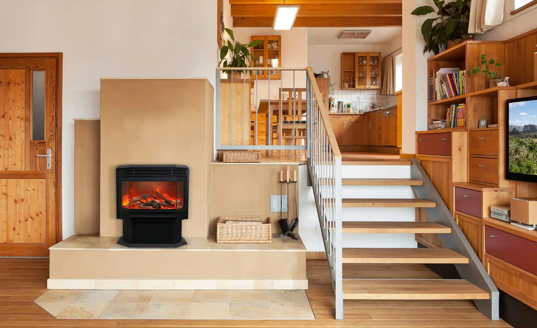 Amantii Freestand FS-26-922 Electric Fireplace: Distinctly European-styled free-standing electric fireplace with beveled glass viewing area, vibrant multi-colored flame presentation, ambient canopy lighting in 13 colors, and remote control for heat, lighting, and flame color.