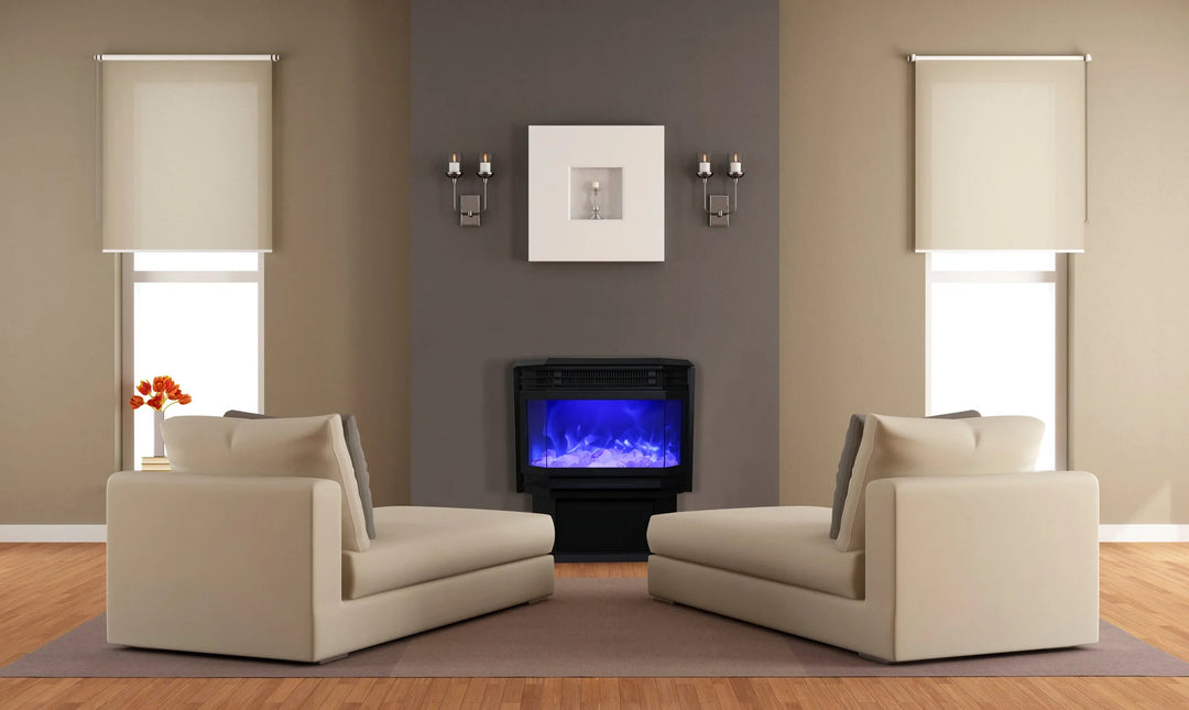 Amantii Freestand FS-26-922 Electric Fireplace featuring beveled glass viewing area, multi-colored flame presentation, ambient canopy lighting, and 5000 BTU heat output for up to 500 sq feet.