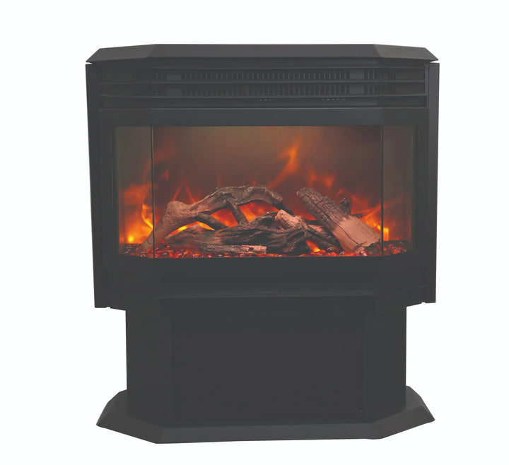 Amantii Freestand FS-26-922 Electric Fireplace features beveled glass viewing area, multi-colored flame presentation, ambient canopy lighting, and 5000 BTU heat output for up to 500 sq feet of space.