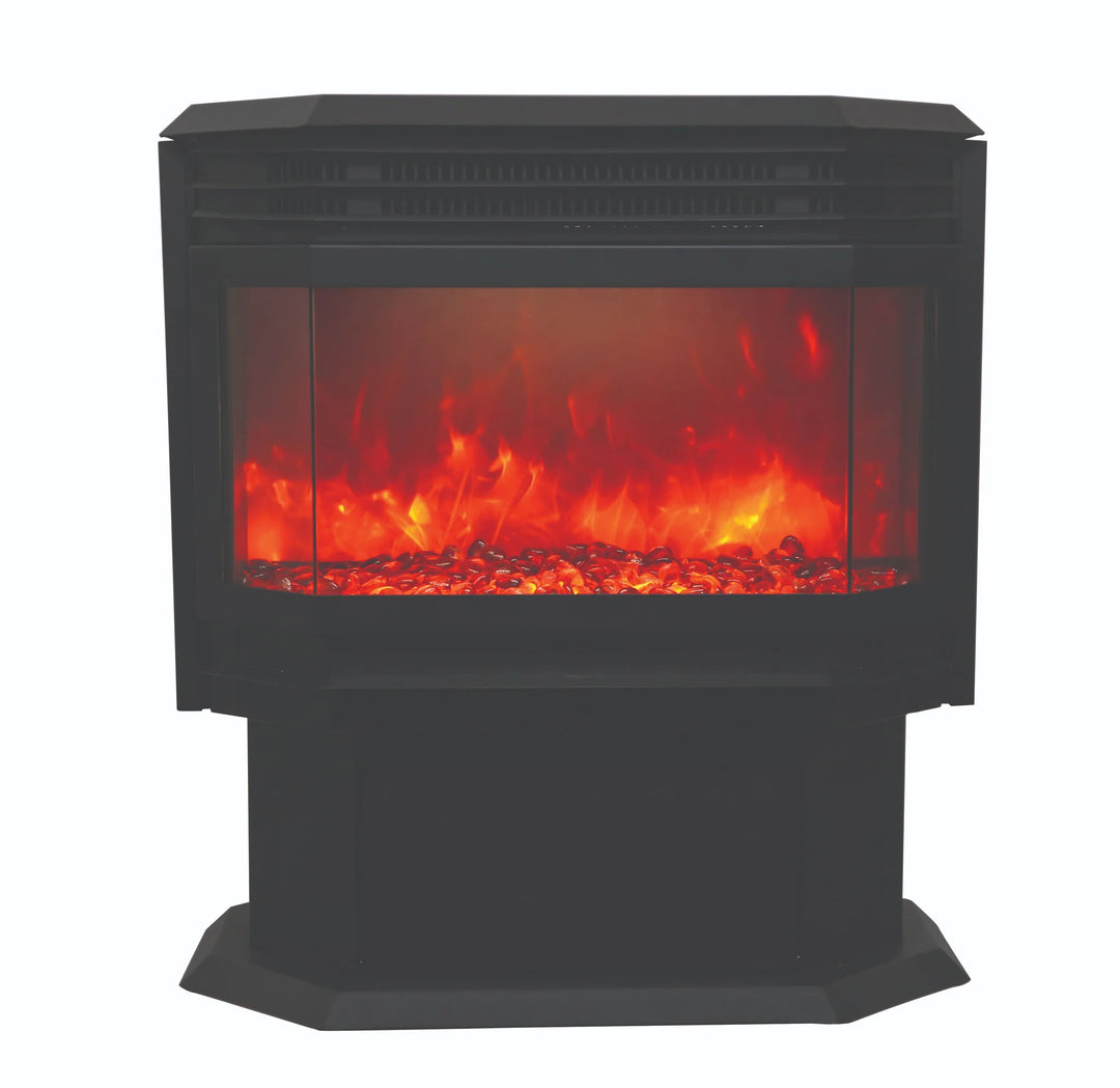 Amantii Freestand FS-26-922 Electric Fireplace with beveled glass viewing area, vibrant multi-colored flame presentation, ambient canopy lighting in 13 colors, and remote control for heat, lighting, and flame adjustments.