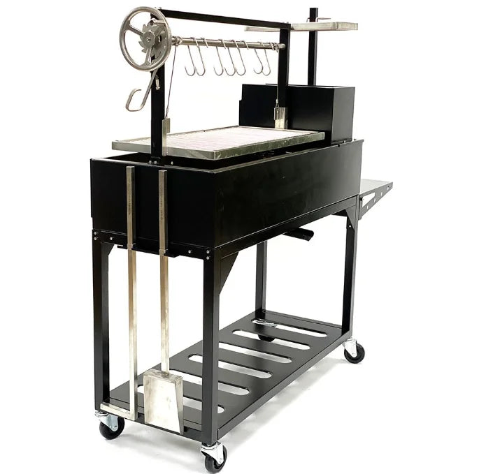 Tagwood "Chief Series" Freestanding Santa Maria Style Grill features all-black cold-rolled steel body with premium 304 stainless steel grates, griddle, and meat hooks for authentic Argentine-style live-fire cooking.