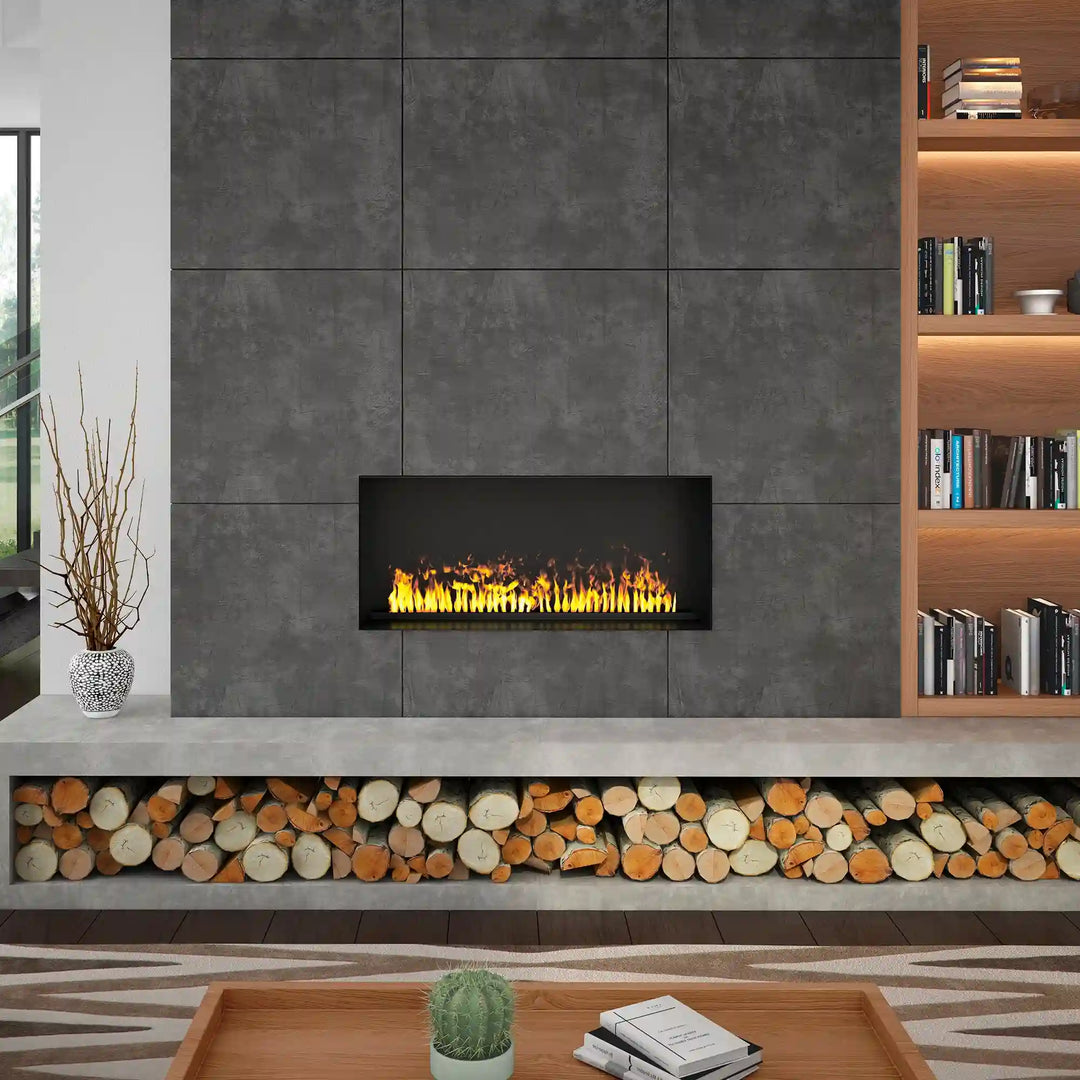 Dimplex Optimyst Pro Box Series Built-In Water Vapor Firebox featuring ultrasonic mist flames and see-through design for customizable installations in residential and commercial spaces.