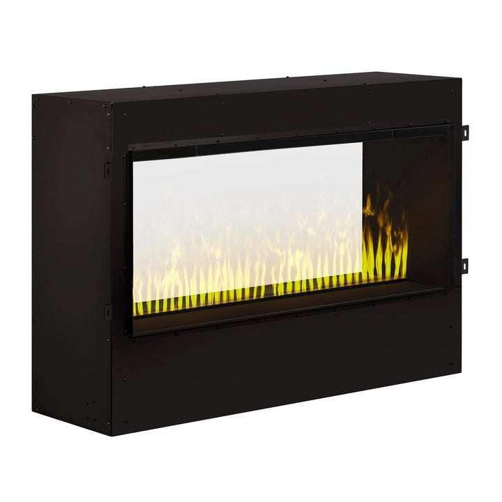 Dimplex Optimyst Pro Box Series built-in water vapor firebox with ultrasonic flame effect, see-through design, hard-wired installation for seamless integration.