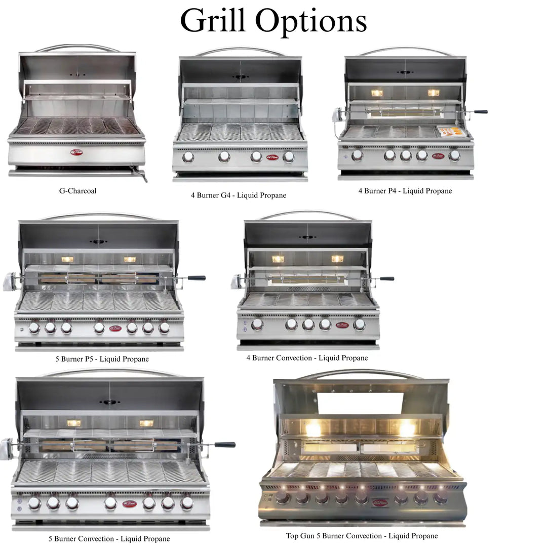 Cal Flame Maui BBQ Island (Right) featuring L-shaped design with dedicated bar overhang for guest seating, 3-Burner G3 LP Grill, and 12"x24" porcelain tile countertop.