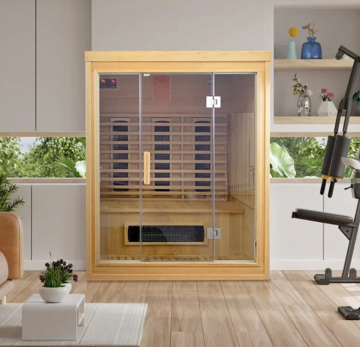 Harmony 3 Sauna: Premium Hemlock wood construction, advanced carbon heaters, digital control panel, RGB multicolor LED lighting, Bluetooth sound system, and full glass door for a rejuvenating retreat.