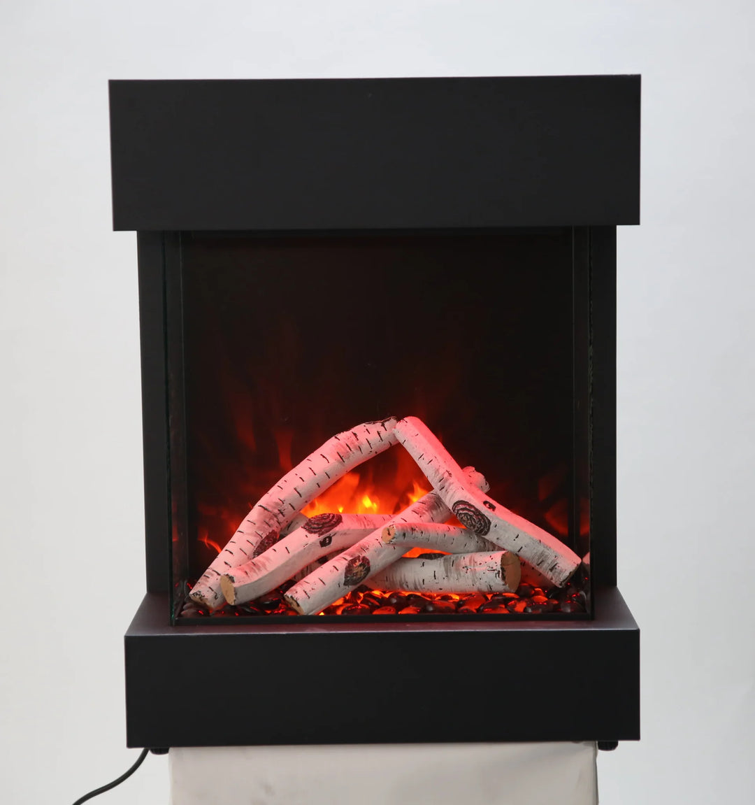 The Amantii Cube 2025WM Freestand Electric Fireplace is a sleek, innovative 3-sided glass fireplace with vibrant multi-colored flames and ambient canopy lighting, featuring two flame sets, 13 color options, and customizable media settings for indoor or outdoor use.