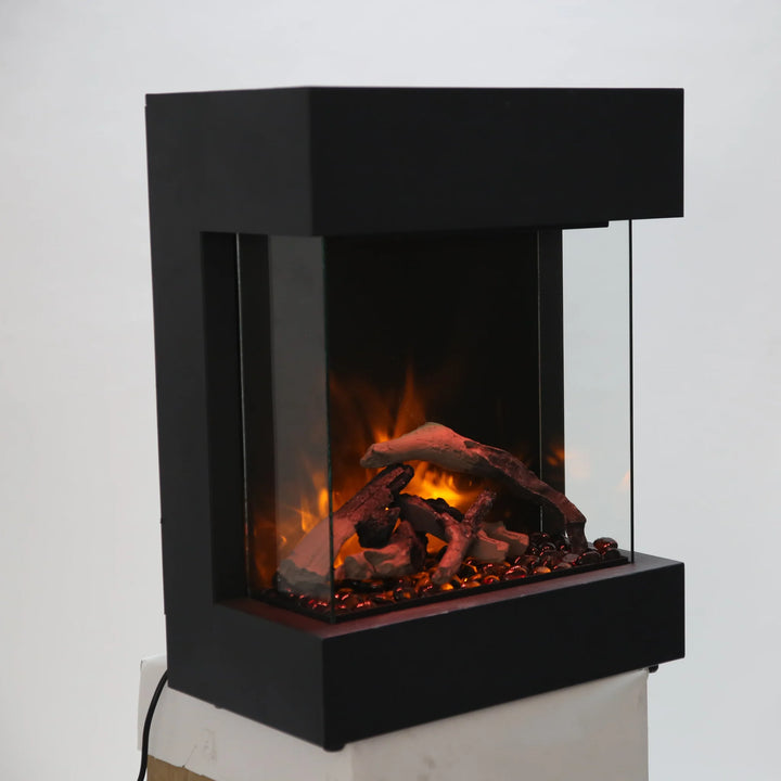 Amantii Cube 2025WM Freestand Electric Fireplace: A stylish, 3-sided glass electric fireplace with vibrant multi-colored flames, ambient canopy lighting, and customizable media options in 13 colors.